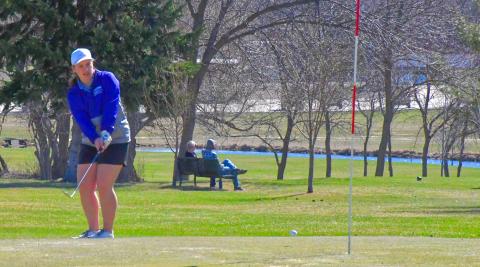 Mustang golfer Sage Gaikowski has a beautiful chip to set herself up for an easy putt during the Webster Area Invitational April 21. Gaikowski took first place at this meet with a score of 84. Reporter &amp; Farmer | Connor Handrahan