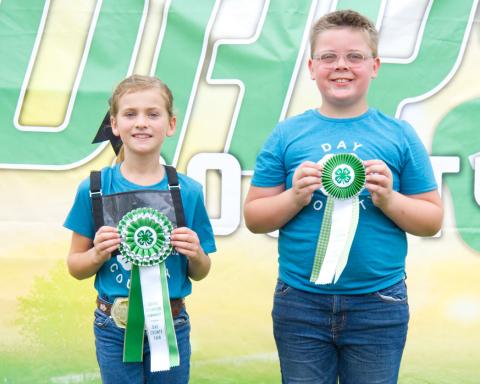 Beginner sheep showmanship placers at the Day County Fair Aug. 8 are, from left, grand champion Ava Larson and reserve champion Tristan Powell. Reporter &amp; Farmer | Leyton Beardslee