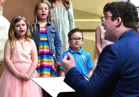 First graders Thea Sigdestad, Harlow Heupel and Leo Siemonsma perform during Webster Area School’s elementary spring concert April 24.