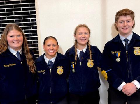 Webster FFA members competed at State Leadership Development Events (LDE) Convention in Box Elder Dec. 7-8. Pictured from left are Kelsey Fischer, 14th in employment skills; Jocelyn Rumpca, eighth in extemporaneous speaking; Bryn Sippel, 14th in extemporaneous speaking and Caleb Gaikowski, 13th in ag broadcasting. Reporter &amp; Farmer | Subscriber snapshot