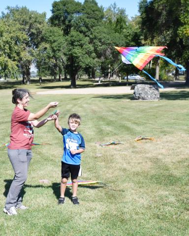 As the annual Fort Sisseton Harvest Festival took place Sept. 21, kite flying was one of the activities offered for attendees to partake in. Pictured on the right are six year-old Britton resident Rowan Armour with his mother Tara Arntsen flying one of the many available kites during the windy day. Reporter &amp; Farmer | Brenner Cariveau