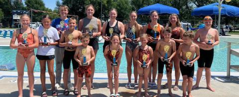 Webster swim team trophy winners from the Webster High Point meet June 27-- 28 at the Webster, are from front left, Portlyn Johnson, Keisha Rencountre, Landen Lee, Harrison Fosheim, Libby Huggett, Bella Ewing, Jonathan Fosheim and Hunter Nelson. From back left is Jackson Baumgarn, Karli Sannes, Callie Shoemaker, Emari Kaufman, Samantha Ermer, Remi Hubsch and Casen Fish. Reporter &amp; Farmer |