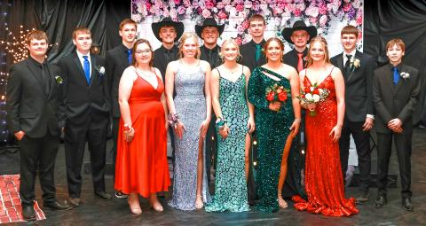 Waubay Prom was held April 10 and student council showed up to celebrate the hard work put into organizing the event. Pictured in back from left are Will Althoff, Roman Thuringer, Evan Aker, Teegan Gaikowski, Tripp Gaikowski, Cash Gaikowski, Krew Gaikowski, Blake Dolen, Kellin Boik; front row from left are Callie Weyh, Caley Boik, Kayce Berger, Sage Gaikowski and Gracia Althoff.