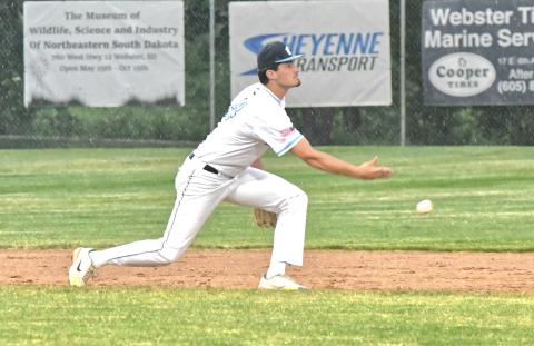 Webster Post 40 played against Britton Lumberjacks July 2. It was a rainy night in Webster and the game was eventually called at the bottom of the fourth inning. Here, shortstop Jack Shoemaker gets a grounder and tosses it to second base to secure the out. Reporter &amp; Farmer | Connor Handrahan