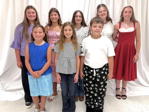 Day County hosted the 2026 fashion revue contest at Day County Courthouse July 16. From left, front are Abby Zirbel, Ava Larson, Cort Paulson; back, Aliyah Zirbel, Kallie Zirbel, Cora Larson, Kelsey Fischer and Macee McGregor. Reporter &amp; Farmer | Subscriber snapshot