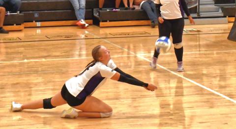 Waubay Mustangs faced off against Ipswich Sept. 3. Mustangs still have not lost a set and their solid defense plays a a big hand in it. Here, Mackenzie Zubke makes a diving save to prevent Ipswich from taking an early lead during the second set. Reporter &amp; Farmer | Connor Handrahan