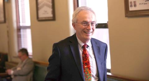 Sen. Lee Schoenbeck, R-Watertown, walks back to his Senate office in the state Capitol during the 2024 legislative session. Reporter &amp; Farmer | Joshua Haiar for South Dakota Searchlight