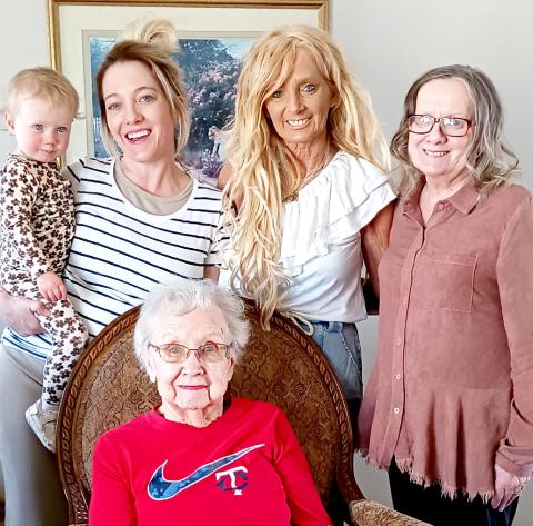 A springtime visit brought five generations of the Sandve/Mattson family together in Aberdeen. Pictured are, seated, Esther Sandve, Webster with, standing, from right, her daughter Marilyn Jean Mattson, Aberdeen; Marilyn’s daughter Amy Jean Macke, Prior Lake, MN; Amy’s daughter Brittany Jean Halloran holding her daughter Cecelia Jean Halloran, East Bethel, MN. Reporter &amp; Farmer | Subscriber snapshot