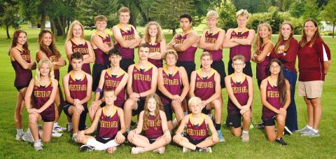 Webster Area 2024 cross country team, from left to right in front are Easton Ermer, Presley McClurg, Coen Halvorson; middle Kloey Garrett, Cooper Gregerson, Aidyn Cyrus, Jase Voss, Gavon Larson, Gabriel Gaikowski, Vance Tolifson, Dawn Heer; back Abbi Mays, Jocelyn Rumpca, Hannah Sonstebo, Jaxon Nimmer, Blaise McGregor, Abbi Garrett, Justin Ponce, Grady Wagner, Alec Garrett, Remi Hubsch, Student Manager Macee McGregor and Coach Cheryl McCreary.