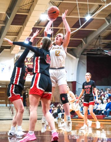 Karli Sannes (12) of Webster Area puts up a shot during the Bearcats 32-45 loss to Sisseton Redmen Feb. 9 in Webster. Bearcat girls currently hold a record of 5-12 on the season. Reporter &amp; Farmer | Leyton Beardslee