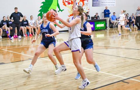 Liza Purdy (5) of Waubay/Summit goes up for a layup during the Mustang’s 58-27 win over Leola/Frederick Titans Feb. 24 in Waubay. Purdy finished the game with two points, three rebounds and five assists. Reporter &amp; Farmer | Connor Handrahan