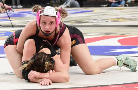 Bearcat girls wrestlers competed in the state wrestling tournament Feb. 27- March 1 in Rapid City. Here, Brooke Grajczyk mantles her opponent during the match. Grajczyk finished sixth overall in the girls 145 weight class. Reporter &amp; Farmer | Dax Jorgenson