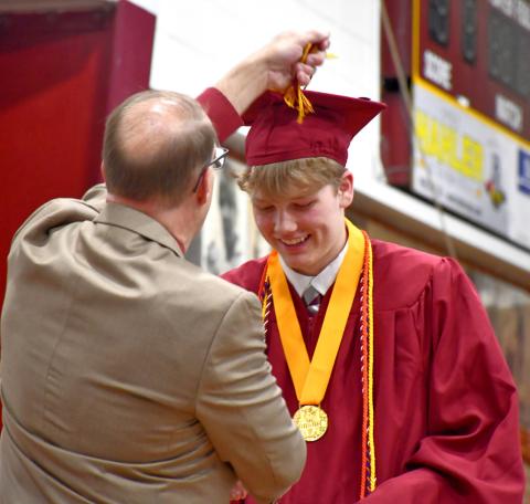 Blaize Larson had his tassel turned by Webster Area Superintendent Jim Block during Webster Area High School’s graduation ceremony at Webster Armory May 18. Larson was one of two senior class speakers at the event. Reporter &amp; Farmer | Leyton Beardslee