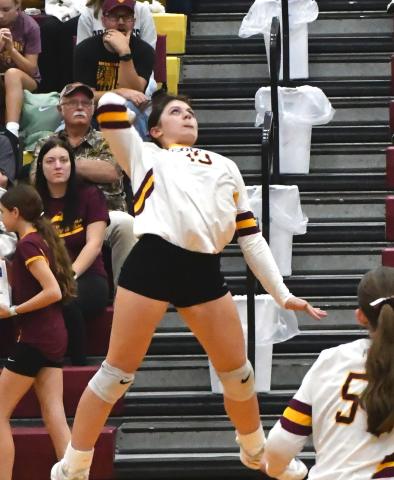 Webster volleyball sophomore Quinn Matthews winds up for a fierce attacking shot against Hamlin High School Sept. 25 at the Armory. The lady Bearcats ultimately lost the match in three sets. Reporter &amp; Farmer | Timothy Gibson
