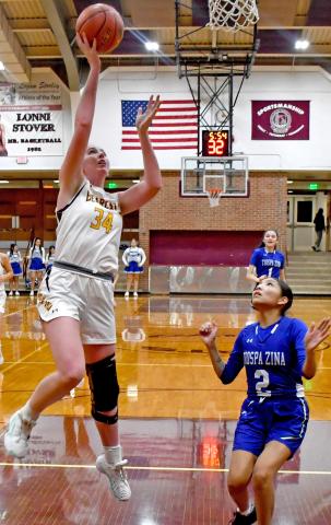 Webster Area Bearcat Erin Sannes goes up for a basket against the Tiospa Zina Wambdi Jan. 7, adding 20 points for her team. Sannes was the leading scorer for the night, helping her team to victory of 51-43. Reporter &amp; Farmer | Brenner Cariveau