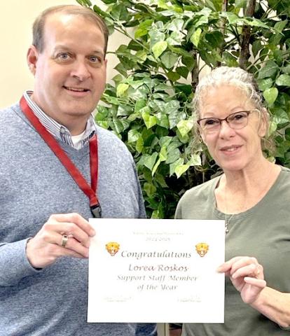 Webster Area School Superintendent Jim Block presented the support staff member of the year certificate to high school custodian Lorea Roskos. Roskos has been in the district for two years. Reporter &amp; Farmer | Subscriber snapshot
