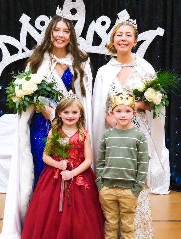 Representing Webster at the upcoming South Dakota Snow Queen Festival in Aberdeen will be, from left, Josie Spiering, 2026 Webster Snow Queen and Remi Hubsch, 2026 Webster Junior Snow Queen. The two were crowned during Webster Snow Queen coronations in the Webster Area High School gymnasium Nov. 22. Also pictured in front, from left, are Webster Snow Princess Blakely Hanson and Webster Snow Prince Grayson Kuecker. Reporter &amp; Farmer | Leyton Beardslee