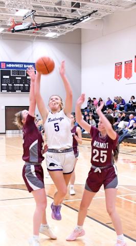 Waubay/Summit Mustang Liza Purdy goes up for a basket Jan. 11 against the Wilmot Wolves in a double header at Summit. No stats were made available for the game by press deadline. The Mustangs won 61-57. Reporter &amp; Farmer | Robert Dulitz