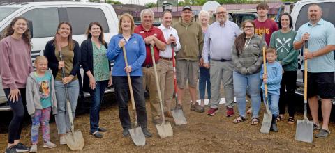 Donors, teachers and volunteers gathered for the groundbreaking for the new playground equipment at the Webster Area School playground June 18. Pictured from left are Emily Wagner, Lucy and Natalie Kuecker, Allegra Duerre, Lisa and Loren Schoenbeck, Kelly Hanson, Mike Ninke, Rita Johnson, Todd Garry, Teresa Lone, Jack, Alyssa and Huck Shoemaker and Craig Case. Reporter &amp; Farmer | Annie Witt
