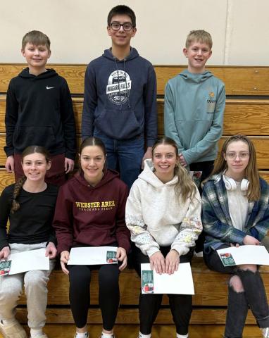 Webster Area Middle School and High School students of the month for January. Students honored, by grade are, from left front, Molly Moran seventh, Braelynn Breske 10th, Kenley Grewe 11th, Taryn Zakrzewski 12th; back, Kru Johnson sixth, Kason Garduno ninth and Hunter Sinner eighth. Reporter &amp; Farmer | Subscriber snapshot