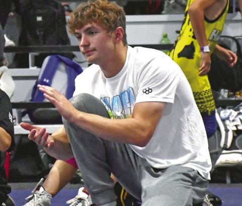 Webster Area wrestler Haeden Jorgenson coaches and cheers on his team during the duals that took place at the Top of the Podium Bassett camp. The camp took place at Sniper Wrestling Academy in Bristol July 18-20 where over 175 wrestlers from across 26 states attended the camp to sharpen their grappling skills. Reporter & Farmer | Annie Witt