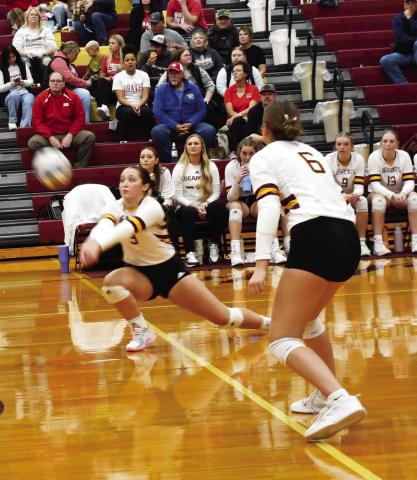 Webster Area Bearcats hosted the Britton-Hecla Braves Nov. 5 in the first round region matchup. Here, Harley Johnson (3) leans forward to hit the ball while her teammate Allison Case (6) watches closely. Reporter &amp; Farmer | Brenner Cariveau