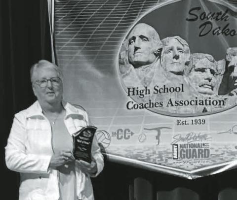 Retired Webster High School Volleyball coach Cindy Nelson poses with her award July 20 in Mitchell after being inducted into the South Dakota High School Coaches Association’s Hall of Fame. Nelson coached Webster Volleyball for 27 years from 1982 until 2008. Reporter & Farmer | subscriber snapshot