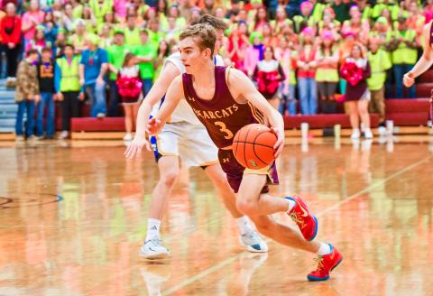 Seth Lesnar (3) of Webster Area files towards the basket during the Bearcats 39-73 SoDak 16 loss to the West Central Trojans March 10 in Madison. Bearcats season ended with a record of 14-9. Reporter &amp; Farmer | Leyton Beardslee