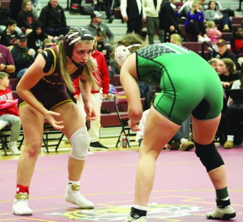 Webster Area Bearcats girls wrestling participated at the 2025 Harrisburg Girls Tournament Jan. 17. Here, from left Webster Area wrestler Brooke Grajczyk prepares to approach her opponent. Reporter &amp; Farmer | Subscriber Snapshot