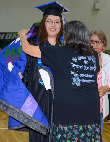 Waubay High School graduate Adryan Hopkins was presented with a quilt by grandmothers Estelle Hopkins and Beatrice Biddell after she received her diploma May 11. Reporter &amp; Farmer | Amanda Dulitz
