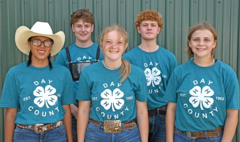 Large animal round robin participants were, from left, Cante Hill, Caleb Gaikowski, grand champion Mackenzie Atherton, Delaney Atherton and Makayla Meland. 4-Hers took turns showing at five different animal stations to showcase their skills with different speices. Reporter &amp; Farmer | Amanda Dulitz
