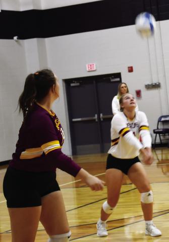 Webster Area volleyball finished off their regular season in a contest against the Waubay-Summit Mustangs. The Bearcats cruised to a victory in three sets. Here, Jersey Johnson (4) loads up to hit the ball while her teammate Carrington Hanson (14) is watching closely to potentailly spike the ball. Reporter &amp; Farmer | Brenner Cariveau