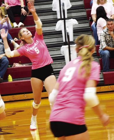 Webster Area Bearcats hosted Aberdeen Christian Knights Oct. 21 at the Webster Armory. Here, Madison Block (5) gears up to spike the ball while her teammate Abby Vander Linden (9) watches closely. The Bearcats lost in 5 sets. Reporter &amp; Farmer | Brenner Cariveau