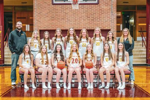Back from left is assistant coach Devin Pedersen, Alyssa Zacher, Chloe Mammenga, Mallory Steiner, Karli Sannes, Bailee Ninke, Chloe Kvernevig, Cartney Hanson and head coach Haley Johnson. Front, from left, Braelynn Breske, Makynlee Curran, Siri Voss, Hannah Sonstebo, Kinsley Kuecker, Georgia Vergeldt and Ryan Johnson.