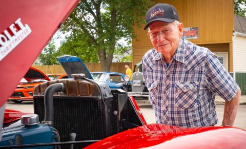 Stan Arnold of Waubay looks over a 1947 Chevrolet Thriftmaster pickup during a car show at Waubay Fun Fest July 19. The car is owned by Dean Enstad of Watertown who pieced the car together including using the cab from his dad’s farm truck and seats from a 2007 Chevorlet Silverado. See more photos from Fun Fest on 5. Reporter & Farmer | Leyton Beardslee