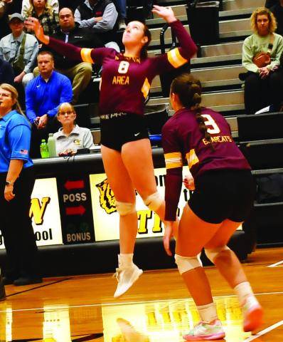 Webster Area Bearcats faced off against Groton Area Tigers Nov. 7 with a spot in the SoDak 16 on the line. Here, Erin Sannes (8) leaps in the air to spike the ball while her teammate Harley Johnson (3) waits in support. The Bearcats ultimately lost the contest in three sets. Reporter &amp; Farmer | Brenner Cariveau