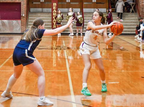 Braelyn Breske looks to pass during the Bearcats 42-40 victory over Great Plains Lutheran Feb. 3 in Webster. The win ended a six game skid for the Bearcats who move to a record of 4-9. Reporter &amp; Farmer | Connor Handrahan