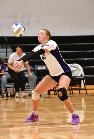 Mackenzie Zubke receives the ball during Waubay/Summit’s 2-3 match loss against Milbank Sept. 16 in Summit. Set scores for the match were 23-25, 25-15, 25-13, 25-27 and 5-15. Reporter &amp; Farmer | Leyton Beardslee