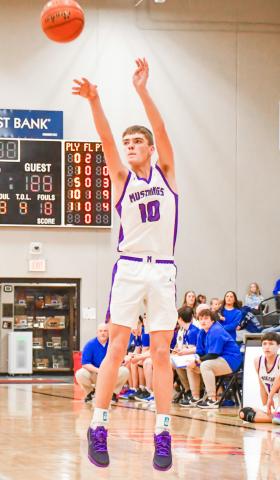 Teegan Gaikowski (10) of Waubay/Summit takes a three-pointer during the Mustangs 57-41 victory over Elkton-Lake Benton Elks Feb. 7 in Summit. Gaikowski contributed a five point performance in the win. Reporter &amp; Farmer | Leyton Beardslee