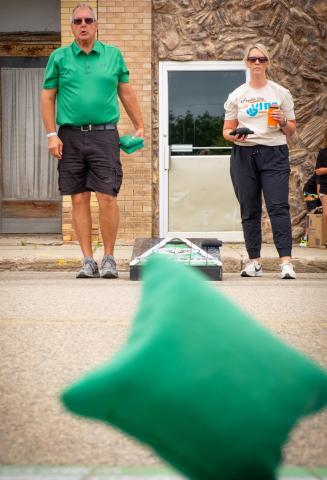 Corn hole players Paul Mogen of Casper, WY and Jocelyn Halma of Slayton, MN watch Mogen’s shot fall on the board during Waubay Fun Fest July 19. After a hard fought game Halma, who said she used to live in Waubay, emerged victorious. Reporter & Farmer | Leyton Beardslee