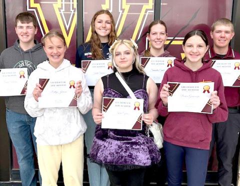 Webster Area Middle School and High School students of the month for April are, by grade, from left, front, seventh Portlyn Johnson, 11th Kaia Cyrus, sixth Parker Gaikowski; back, eighth Tucker Wickre, 12th Karli Sannes, ninth Samantha Ermer and 10th Dylan Rasmus. Reporter &amp; Farmer | Subscriber snapshot