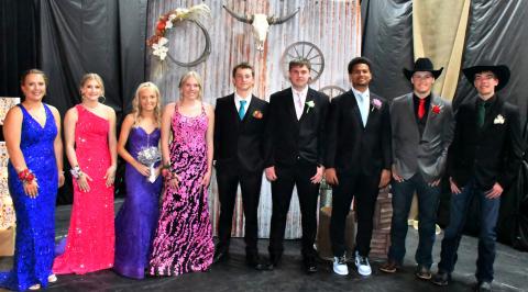 Waubay student council members Sage Gaikowski ninth grade, Kayce Berger 11th grade, Megan Christensen 12th grade, Caley Boik 10th grade, Witten Butler 10th grade, Nolan Thuringer 12th grade, Traveion Neilan 12th grade, Tripp Gaikowski 11th grade and Teegan Gaikowski 11th grade, pose for a picture at Waubay High School’s prom April 25. Reporter &amp; Farmer | Leyton Beardslee
