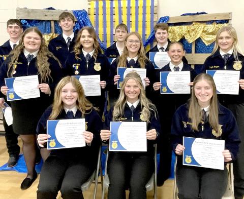 Chapter Degrees were presented at the Webster/Waubay 2025 FFA banquet. Recipients are from left, seated, Mackenzie Atherton, Jersey Johnson, Chloe Mammenga; middle, Kelsey Fischer, Lola Wells, Bryn Sippel, Jocelyn Rumpca, Kayce Berger; back, Tigh Gaikowski, Gage Wik, Devin Snaza and Caleb Gaikowski. Reporter &amp; Farmer | Subscriber snapshot