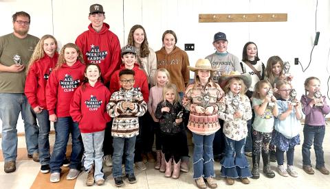 All American Saddle Club winners for the 2024 show series are from left, front, Aurora TeKrony, Keavan Hasvold, Kylie Brandlee, Madilyn Stahl, Rylee Tunby, Kira Christians, Echo Wess, Kimber Sigaty; middle, Ella Mundt, Logan Wik, Jaycee Brandlee; back, Todd Wess, Lily Mundt, Gage Wik, Carlee Wik, Tallie Czmowski, Fidelia Rasmussen, Nina Rasmussen and Cheyenne Christians. Reporter &amp; Farmer | Subscriber snapshot