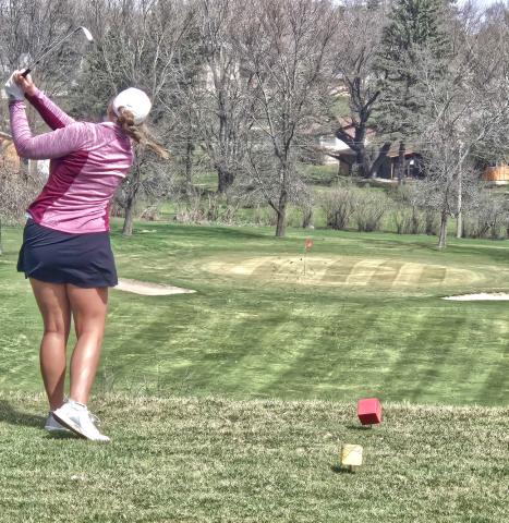 Bailee Ninke tees off on a par three during the Deuel quad event April 23. “It’s a neat hole in which there is about a 30-40 foot drop down to the green,” said head coach Tim Lesnar. Reporter &amp; Farmer | Subscriber Snapshot