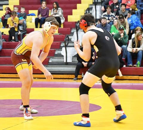 Webster Area Bearcats hosted the Webster Area Triangular Jan. 30 at the armory against the wrestling teams from Sisseton and Milbank. Here, Nathan Hubsch prepares for an attack against Sisseton’s Justin Muehler. The match was decided in a major decision where Hubsch lost 4-14. Reporter &amp; Farmer | Brenner Cariveau