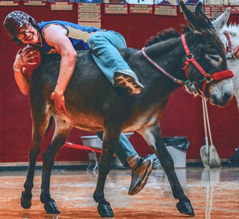Jeron McCreary holds on while the donkey named Earthquake trots up court during a donkey basketball game at the Webster Armory May 8. McCreary hit a buzzer-beater in the championship game to earn his team the “Donkey Dunkers” the tournament win. The event was a fundraiser hosted by the Webster Area student council. Reporter &amp; Farmer | Leyton Beardslee