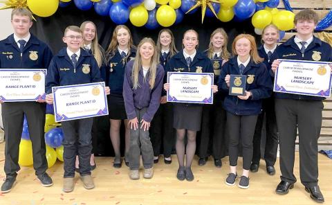 Webster FFA members placed at regional Career Development Events in Milbank March 24 and advance to competition at the state convention in Brookings April 20-22. From left, front are Tevin Howder, Cane Bjerke, Maci Kurkowski, Macee McGregor, Chesney Deibert, Carson Fischer; back, Kinsey Kuecker, Julie Lesnar, Chloe Mammenga, Bryn Sippel and Hannah Sonstebo. Reporter &amp; Farmer | Subscriber snapshot