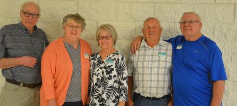 Sixty year alumni, from left, are Rudy Halbauon, Kathy Lardy, Lois Dow, Marlyn Rye and Richard Moen. Reporter &amp; Farmer | Luke Caputo