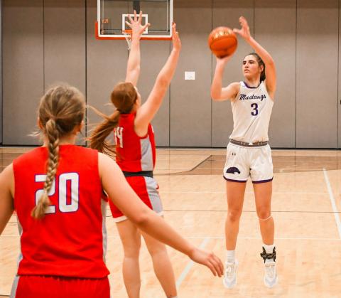 Addison Heinje of Waubay/Summit launches a three-pointer during the Mustangs 52-41 Region 1B playoff victory over Hitchcock-Tulare Patriots Feb. 26 in Summit. Heinje finished with a 34 point, 11 rebound double-double to lead the Mustangs to a SoDak 16 appearance. Reporter &amp; Farmer | Rob Dulitz